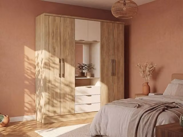 Vente-unique Modern Wardrobe with 6 Doors, 3 Drawers and Mirror in Beige, W: 180 cm, H: 206 cm, D: 46.5 cm