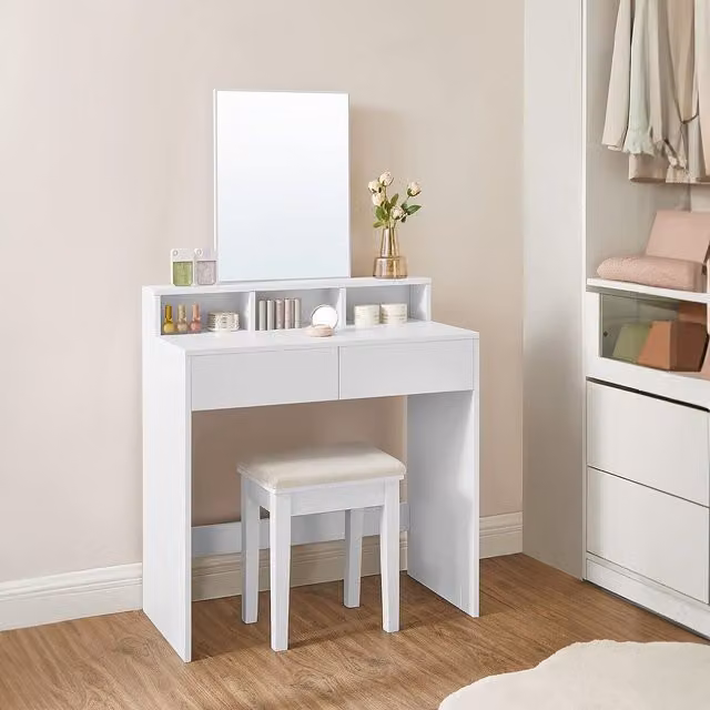 The Bazaarist White Modern Dressing Table with Large Mirror, 2 Drawers and Open Storage Compartments, W/D/H: 140 x 40 x 80 cm
