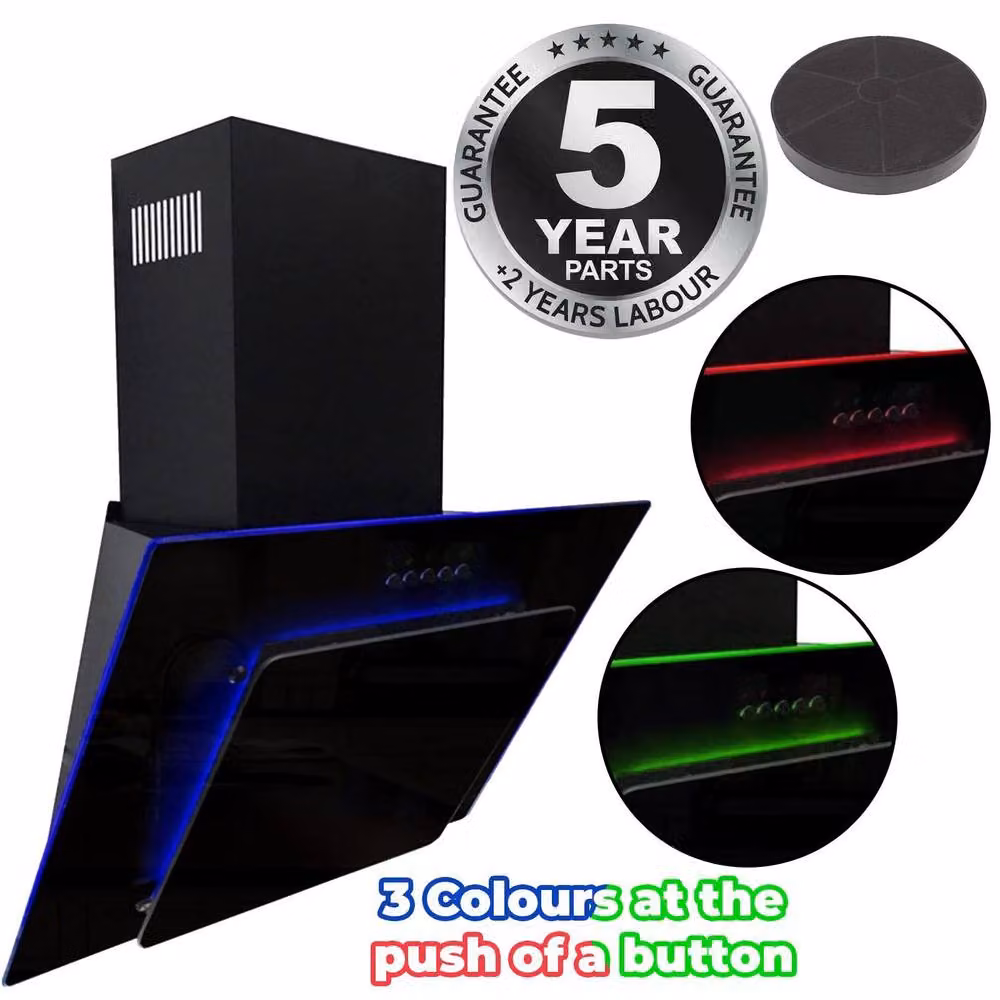 SIA Black Angled LED Lit Cooker Hood Extractor Fan with Activated Carbon Filter, 60 cm – 4