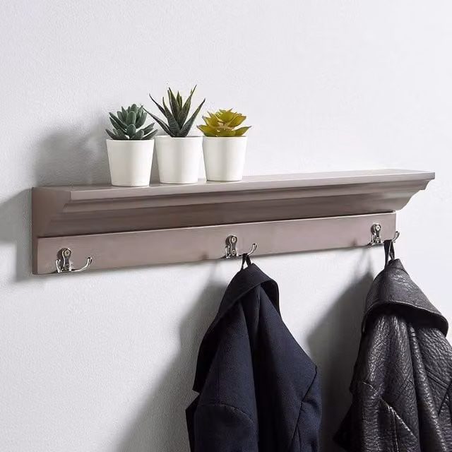 FORGEVIO Wooden Coat Rack with 3 Hooks and Storage Shelf in Grey