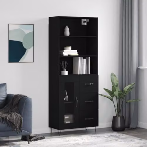 vidaXL Modern Black Highboard with Glass Doors and Internal Shelves, W/D/H: 69.5 x 34 x 180 cm – 2