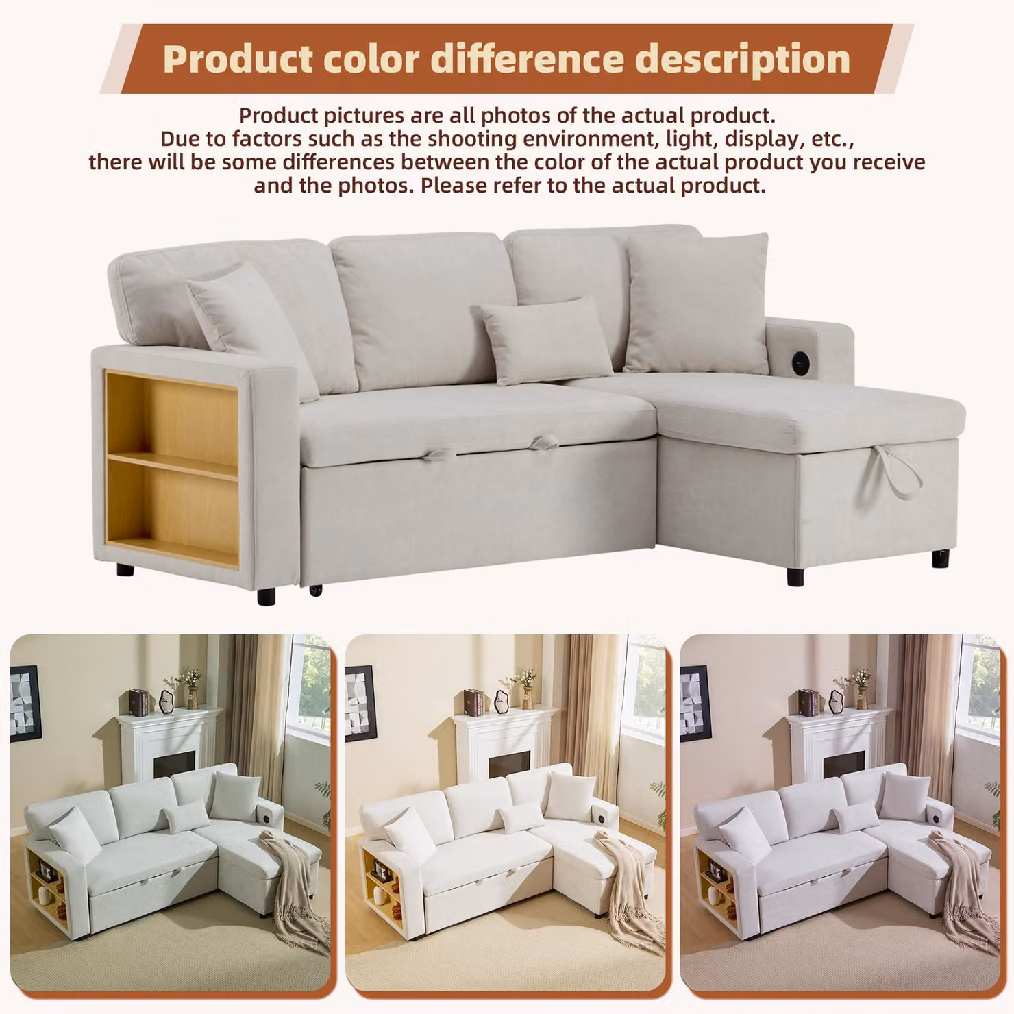 Aosom UK Beige 3 Seater L-Shape Corner Sofa with Integrated Side Shelf, USB Charging, Reversible Sleeping Function and Matching Ottoman, W/D/H: 214 x 131 x 87 cm – 3