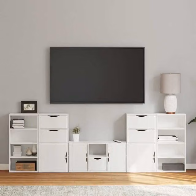 Berkfield Home ODDA 5 Piece White Solid Wood Pine TV Unit with Storage – 1