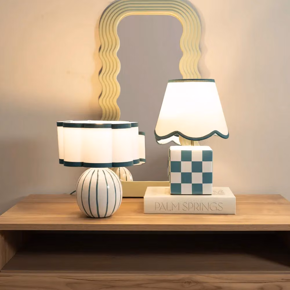 ValueLights Pair of Green Ceramic Cube Table Lamps with Fabric Scallop Shades – 3