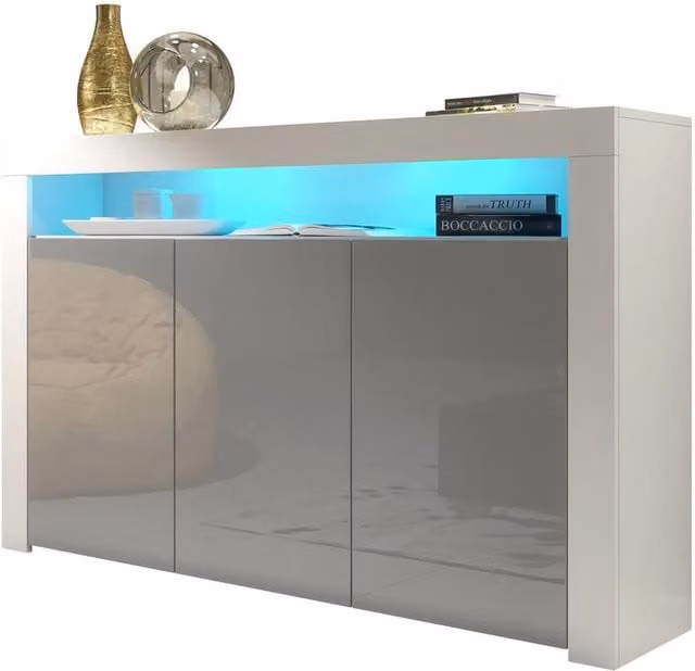 FORGEVIO Modern Grey and White Glossy MDF TV Unit Cabinet Stand