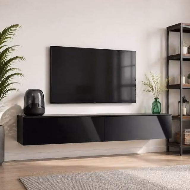STILVORA Modern Glossy Black Floating TV Unit with 2 Cupboards