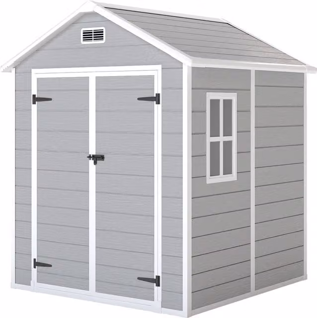 Outsunny Wood Effect Resin Outdoor Tool Shed with Lockable Double Doors and Air Vents, Light Grey – 1
