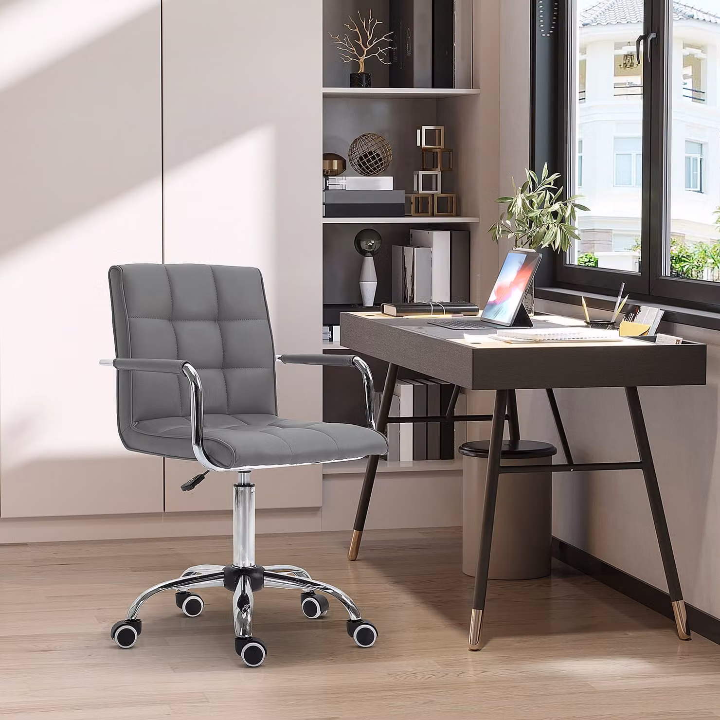 Vinsetto Mid Back PU Leather Swivel Home Office Task Chair with Armrests and Castors, Grey – 4