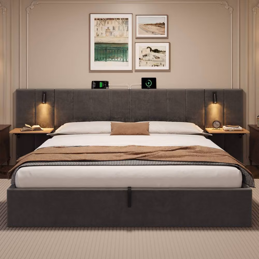 BTM Grey Velvet Upholstered King Size Bed with USB Charging Port, Integrated Reading Light and Lift Up Storage Base, W/D/H: 180 x 200 cm – 2