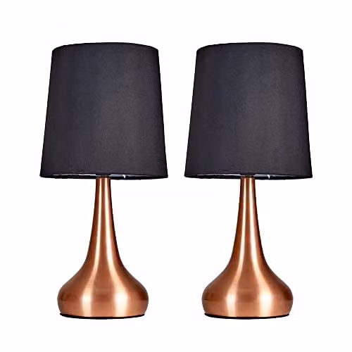 ValueLights Set of 2 Modern Copper Teardrop Touch Table Lamps with Black Fabric Shades and Warm White LED Bulbs – 1