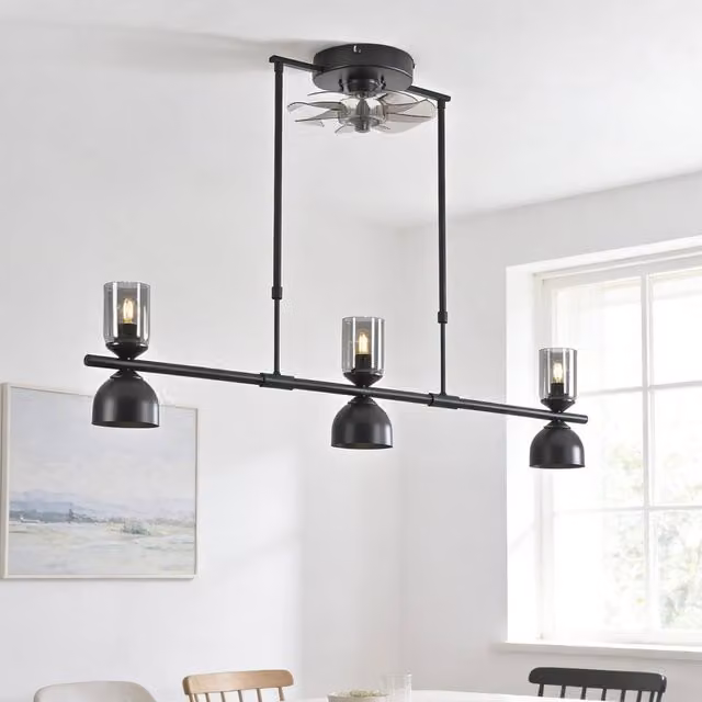 Garwarm 6-Speed Kitchen Island Fandelier Ceiling Fan in Black, Diameter: 120 cm