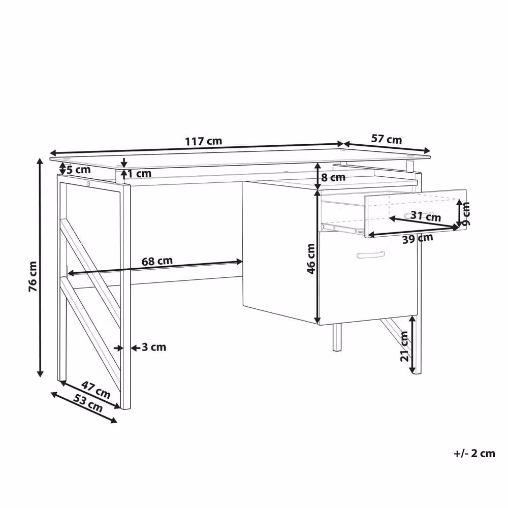 Wyld and Coco Black Writing Desk with Tempered Glass Top and Metal Frame, W: 117 cm, D: 57 cm, H: 76 cm – 3
