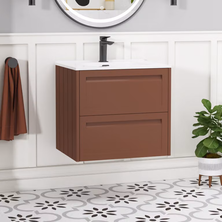 Royal Bathrooms Elmore Traditional Wall Hung 2 Drawer Vanity Unit with Ceramic Basin, Terracotta Clay