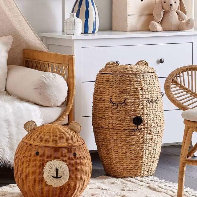 Wyld and Coco Bear-Shaped Natural Rattan Toy Hamper in Brown and Beige, W/D/H: 43.0 x 42.0 cm