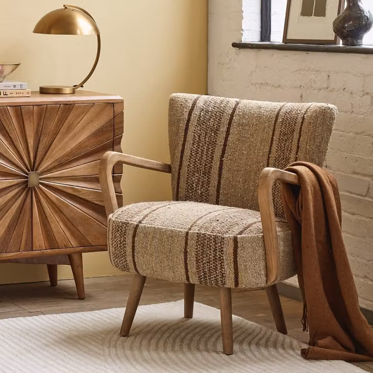 Atkin and Thyme Calvin Mid-Century Armchair in Brown Striped Woven Fabric with Oak Wood Frame