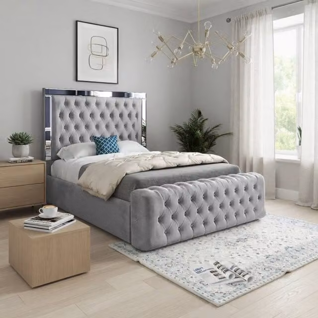 KDMD Redesdale Mirror Upholstered Designer Bed Frame in Grey Soft Velvet, Size: 200 x 200 cm