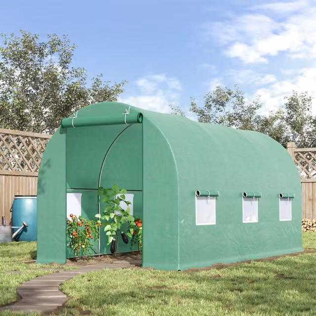 Outsunny Green Walk-in Tunnel Greenhouse with Door, Ventilation Window and Galvanised Steel Frame