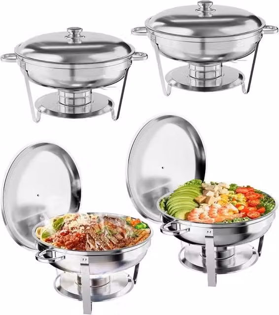 VOGREX 4 Piece Round Stainless Steel Chafing Dish Buffet Set in Silver, 5L per Dish – 1