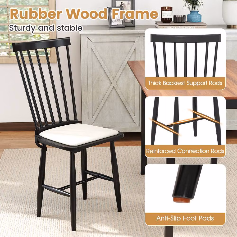 Costway Set of 2 Windsor Wooden Dining Chairs with Removable Fabric Seat Cushions in Black – 6