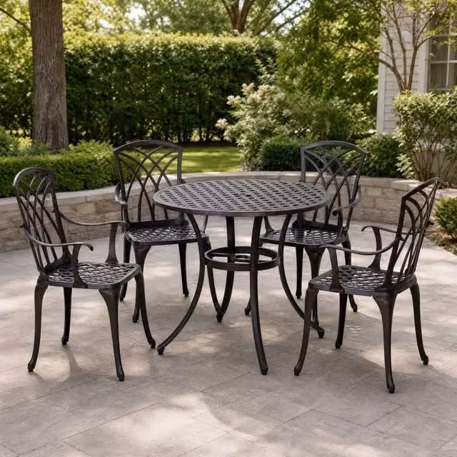 STILVORA Garden Dining Set for 4 with Round Powder Coated Aluminium Table and Chairs in Brown and Black – 1