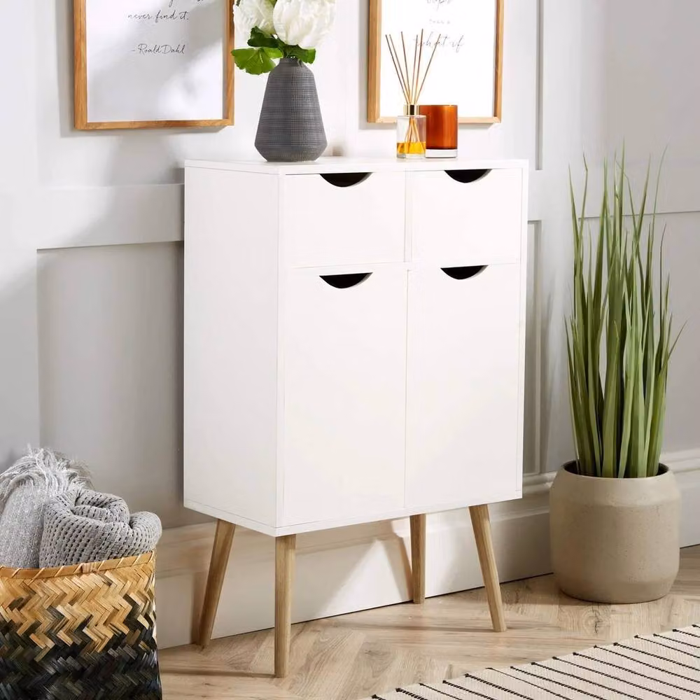 FORGEVIO White Solid Wood Sideboard Storage Cabinet with 2 Doors and 2 Drawers – 2