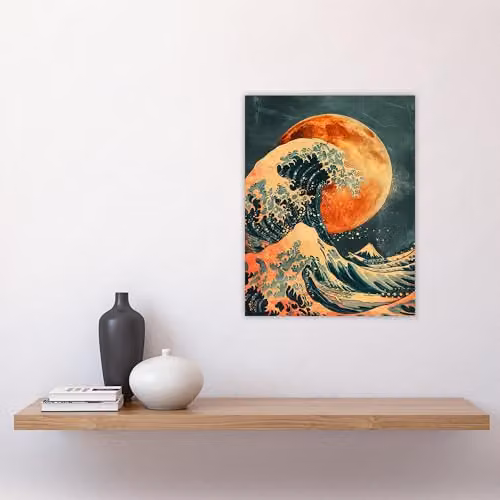 Artery8 Orange Moon Traditional Japanese Waves Unframed Wall Art Paper Poster – 4