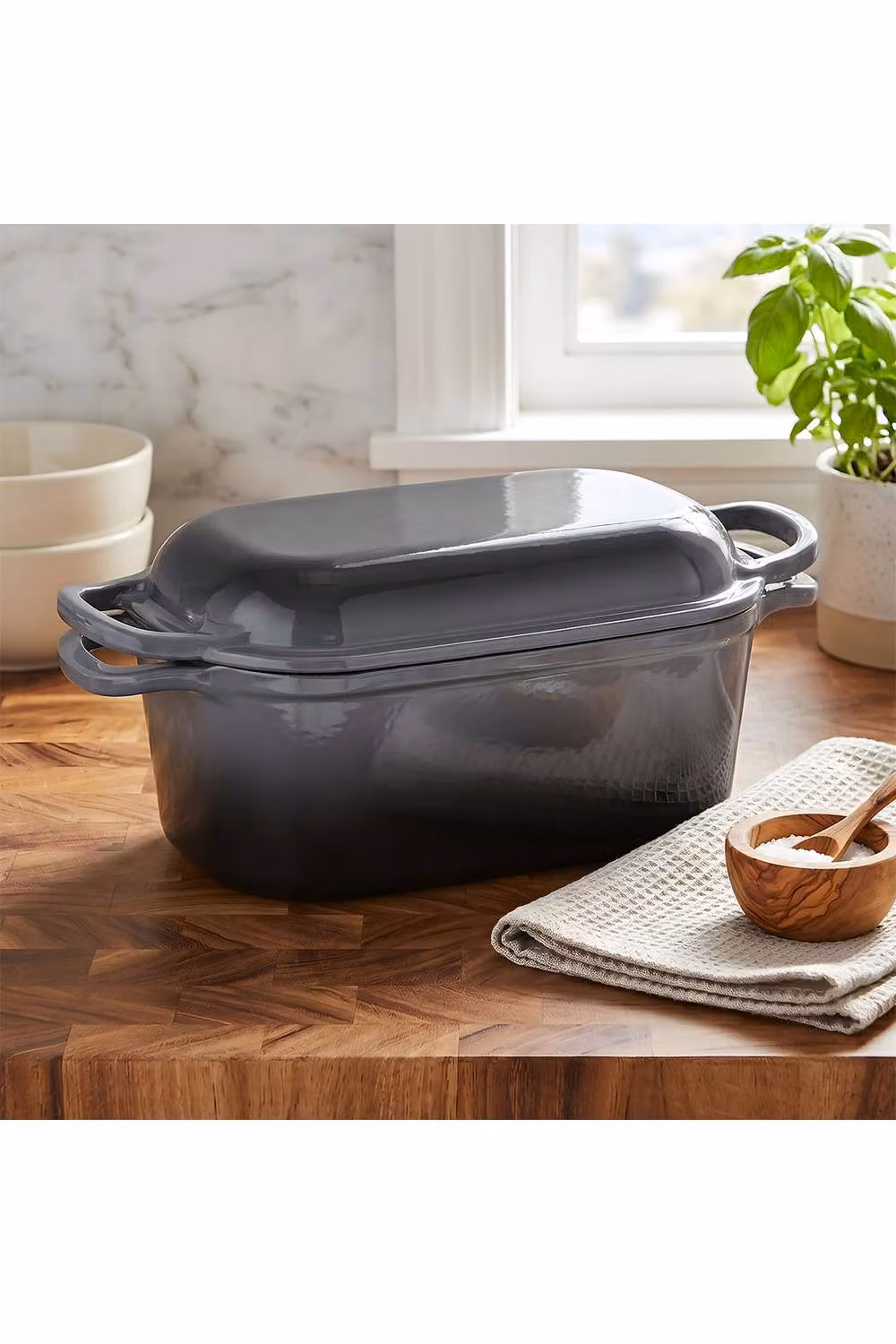 Living and Home 2-Piece Enamelled Cast Iron Loaf Pan and Frying Pan Set with Lid, Grey – 4
