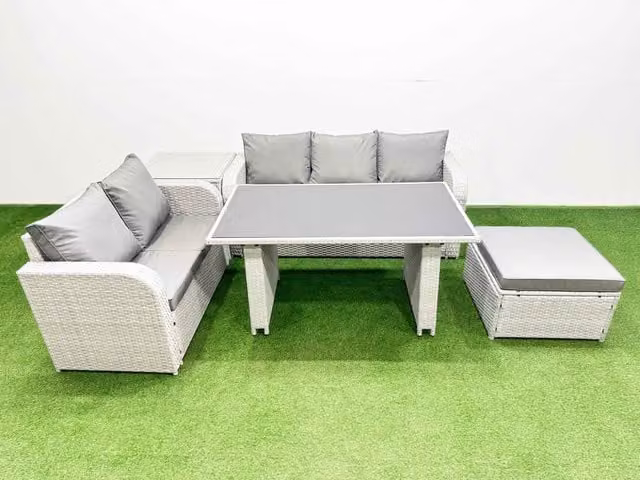 Fimous Garden Furniture Set with Rectangular Dining Table, Stools and Side Table in Light Grey