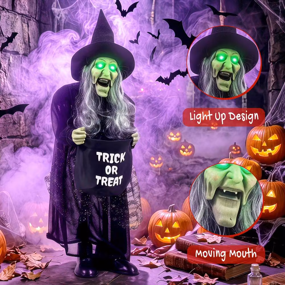 HOMCOM 94 cm Animated Witch Halloween Decoration with Light Up Eyes in Black, Silver and Green – 5
