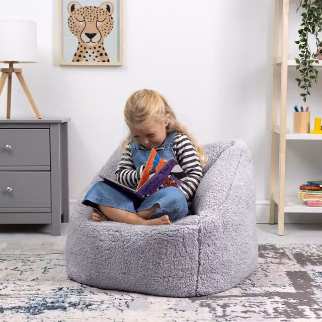 ICON Natalia Teddy Berber Fleece Childrens Bean Bag Armchair in Light Grey, Diameter: 44 cm