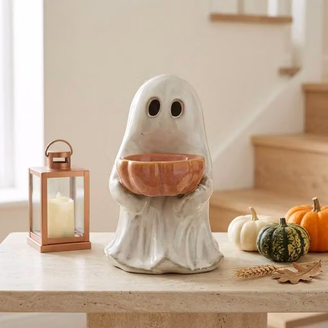 Garden Greatness Halloween Ghost Ceramic Treat Bowl Ornament in White and Multicolour
