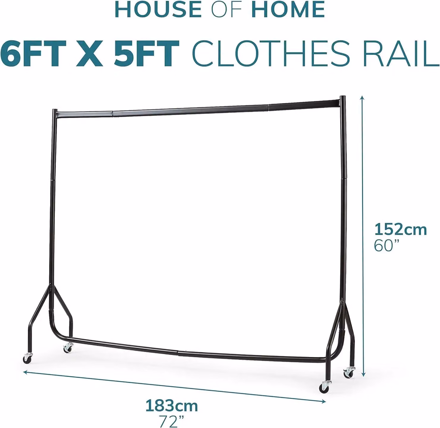 House of Home Heavy Duty Metal Clothes Rail with Wheels in Matt Black, W: 152.4 cm, H: 150.0 cm – 2