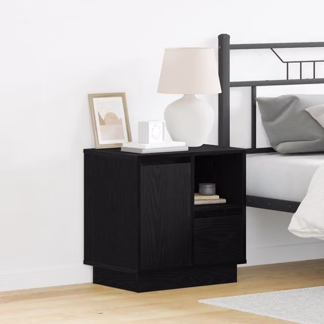 Berkfield Home Modern Black Oak Bedside Cabinet with Integrated LED Lighting W/D/H: 50 x 34 x 50 cm – 1