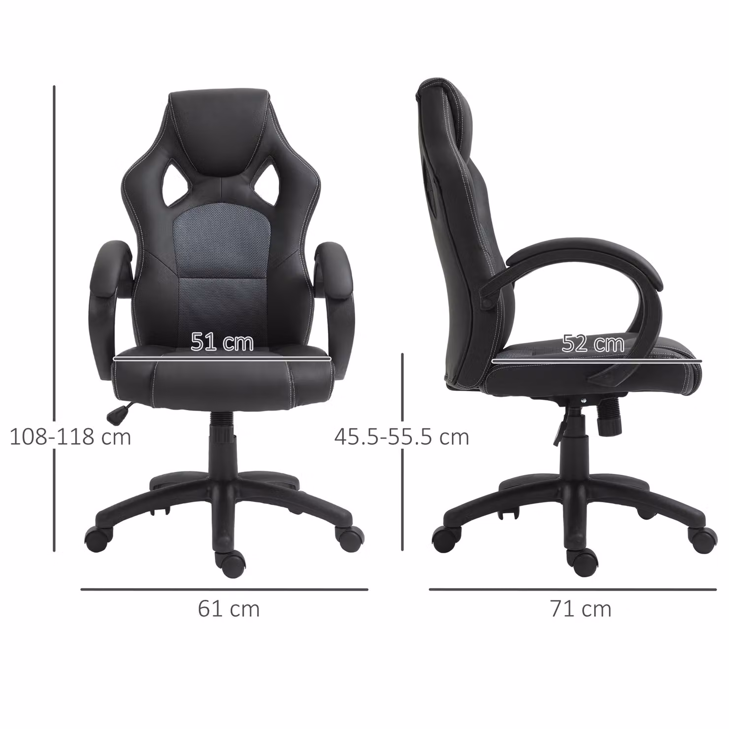 Vinsetto Ergonomic Gaming Recliner Chair in Black Faux Leather with Armrests and Silent Wheels – 3