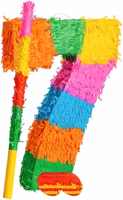 Fax Potato Number 7 Cardboard Pinata Set with Stick and Blindfold in Multicolour and Yellow