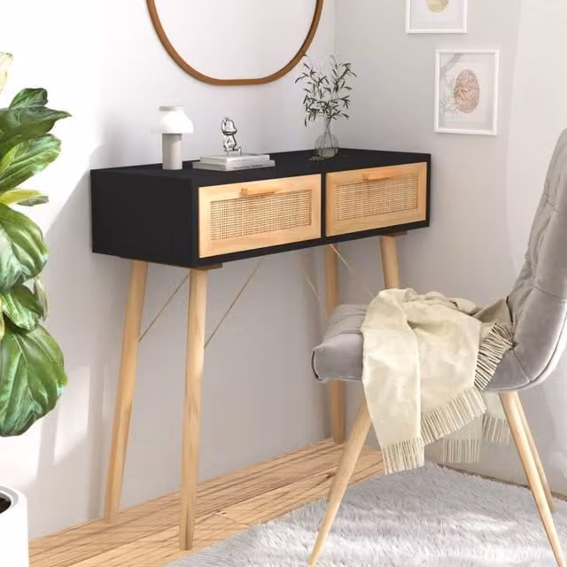 Berkfield Home Black Console Table in Solid Pine and Natural Rattan, W/D/H: 80 x 30 x 75 cm – 1
