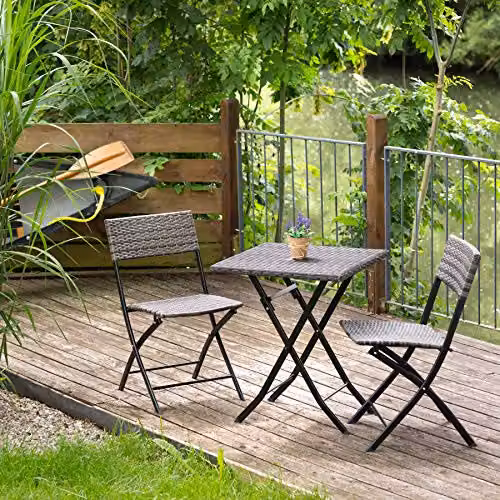 tectake 3 Piece Bistro Set with Foldable Poly Rattan Chairs and Square Table in Grey – 2
