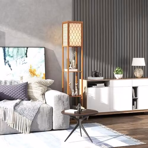 HOMCOM Modern Floor Lamp with Shelves and Fabric Lampshade in Natural Wood – 6