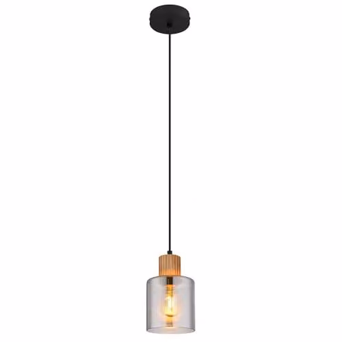 Netlighting Aleidis Industrial Pendant Light with Smoky Glass Shade and Wood and Metal Details, Black and Brown, Height: 120 cm – 1