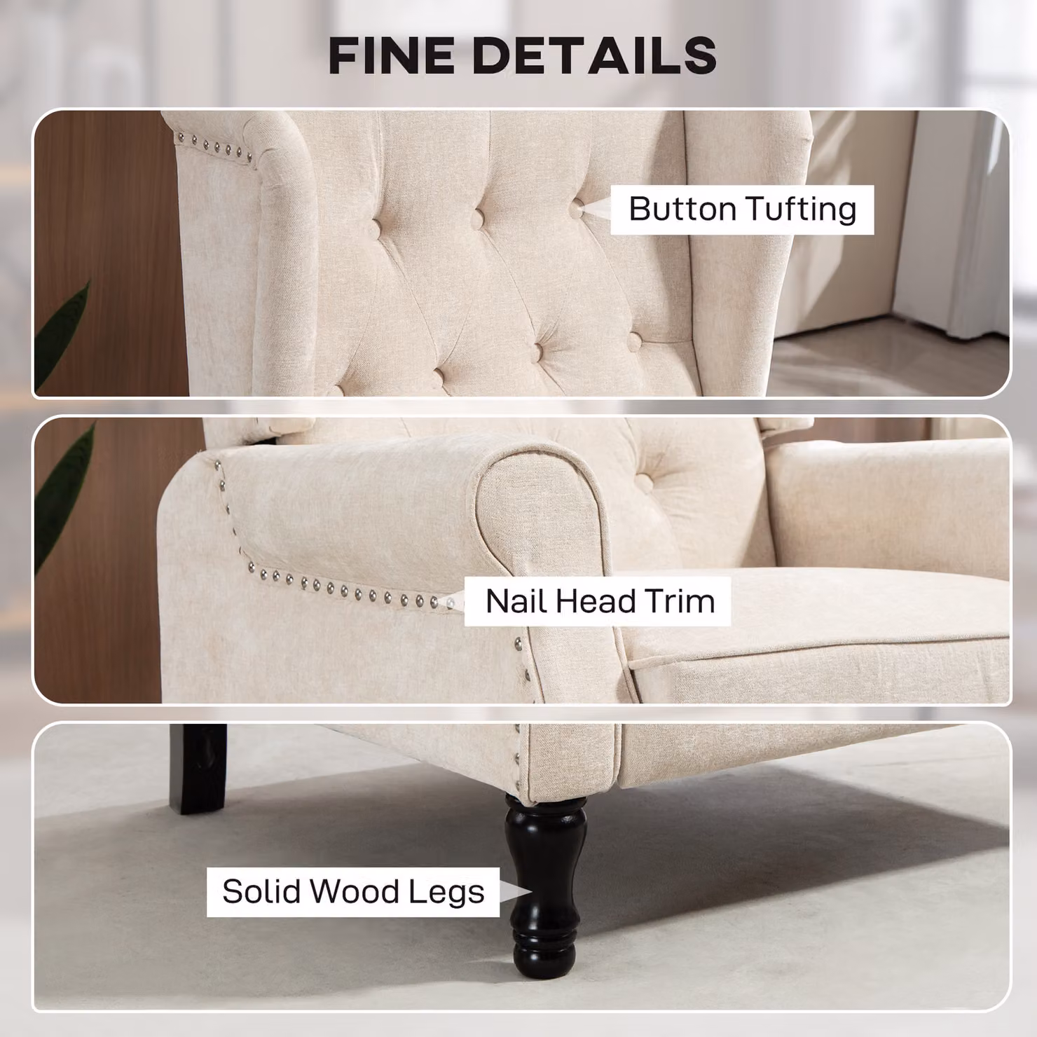 HOMCOM Beige Vintage Reclining Armchair with Integrated Footrest and Ottoman – 5
