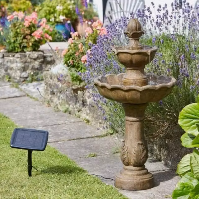 Garden Mile Solar 2 Tier Cascade Water Feature in Brown and Grey Stone Finish