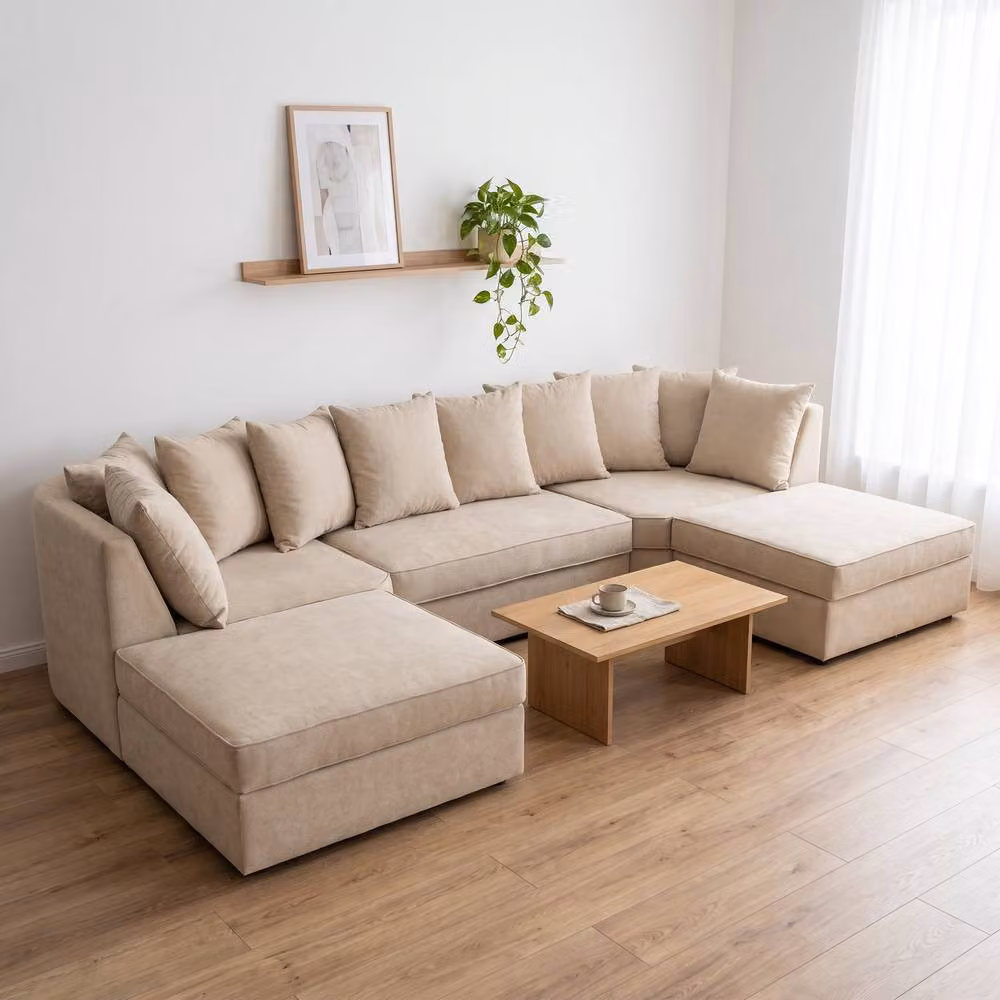 Abakus Direct Verona U-shape Corner Sofa in Beige Linen Fabric with Matching Ottoman and Scatter Cushions – 2