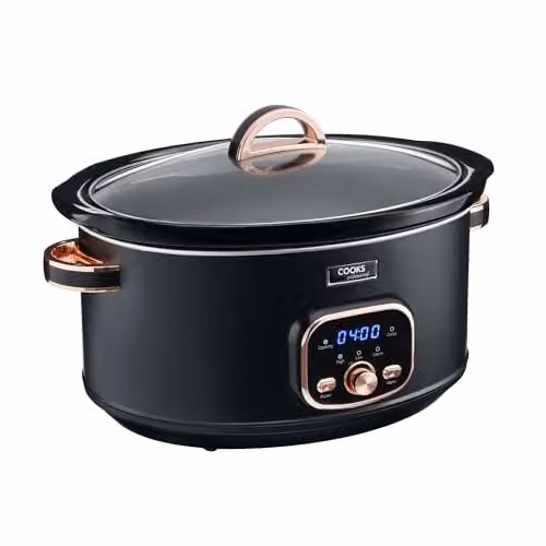 Cooks Professional Digital Slow Cooker 6.5L with Glass Lid and Dishwasher Safe Ceramic Bowl, Black and Rose Gold – 1