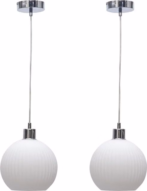 First Choice Lighting Betchley Set of 2 Suspended Pendant Lights with White Ribbed Glass Globes and Chrome Finishes