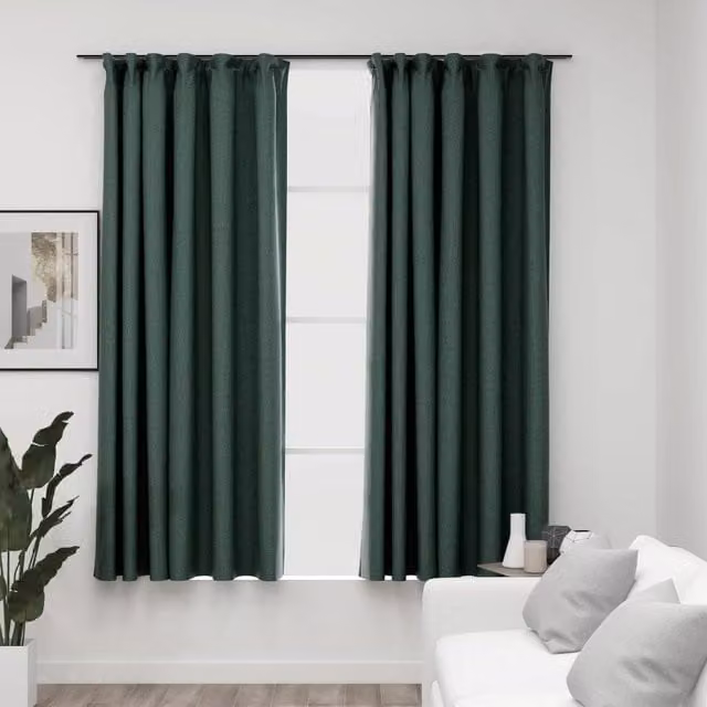 Berkfield Home Linen-Look Blackout Curtains with Hooks, 2 Pack, Green, W: 140 cm, H: 175 cm – 1