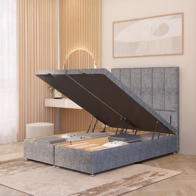 Somnior Beds Ltd Austin Tweed Fabric Ottoman Divan Bed with Floor Standing Headboard, Grey/Silver, W: 150 cm, D: 200 cm, H: 153 cm
