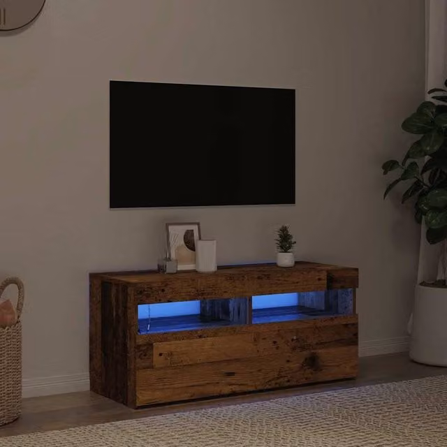 Berkfield Home Rustic TV Cabinet with LED Lights in Brown, W/D/H: 90 x 35 x 40 cm