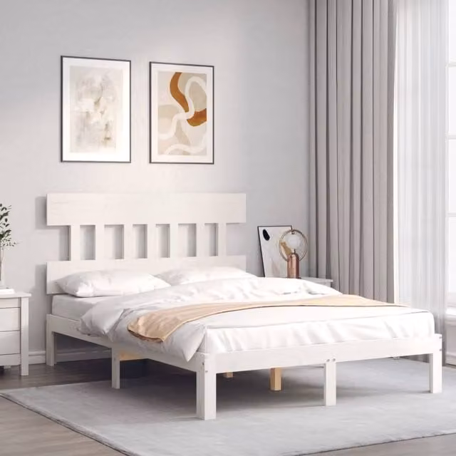 Berkfield Home Beautiful Bed Frame with Headboard in White Solid Pine Wood W/D/H: 203.5 x 120 x 81 cm