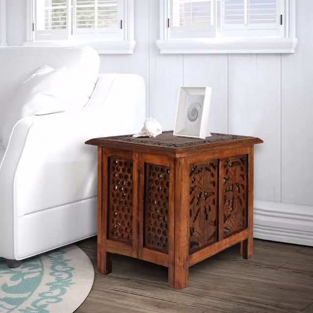 Topfurnishing Square Carved Mango Wood Coffee Table and Bedside End Table in Red and Brown, W/D/H: 45 x 45 x 45 cm