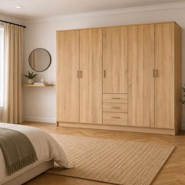 KDMD Chelsea Oak 5 Door Wardrobe with 3 Drawers in Brown, H 200 cm x W 200 cm x D 50 cm
